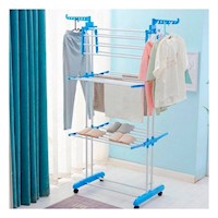 Estante Plegable para Ropa con Tres Niveles para Secado en Casa en Celeste